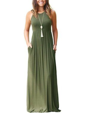 Women's Army Green Summer Sleeveless Casual Long Tank  with Pockets Maxi Dress